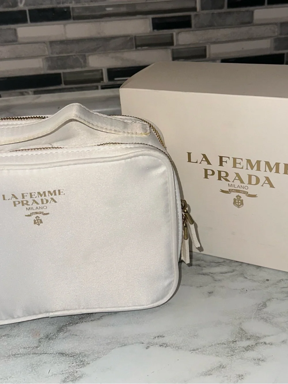 Prada White La Femme Milano Cosmetic Pouch with Gold Accents